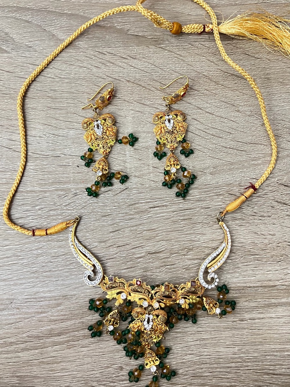 Gold Tone Statement Necklace Set Green Bead Rhinestone Choker With Earrings New